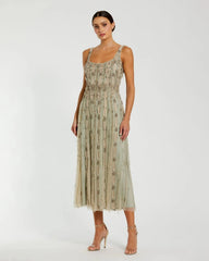 Green Sleeveless Scoop Neck Embellished Midi Dress