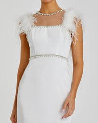 White Feather Cap Sleeve Pearl Embellished Tea-length Dress
