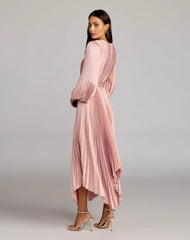 Pink Long Sleeve Pleated Charmeuse Handkerchief Dress