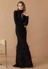 Black Long Sleeve High Neck Feather Trim Gown