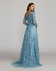 Blue Embroidered Long Sleeve A-Line Gown