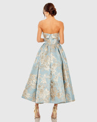 Light Blue Strapless Brocade Midi Dress With Pockets