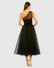 Black One Shoulder Pearl Beaded Midi Ball Gown