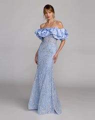 Blue Embellished Mermaid Gown With Off The Shoulder Ruffle