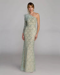 Green One Shoulder Embellished Gown With Floral Accent