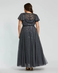 Gray Embellished Flutter Sleeve Evening Gown (Plus) - FINAL SALE