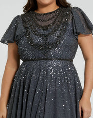 Gray Embellished Flutter Sleeve Evening Gown (Plus) - FINAL SALE