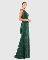 Green Cowl Back Boat Neck Sequined Evening Gown