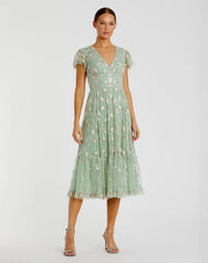 Green Multicolor Embroidered V Neck Cap Sleeve Midi Dress