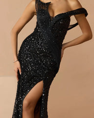 Black Embellished Strapless Gown With Sculptural Drape