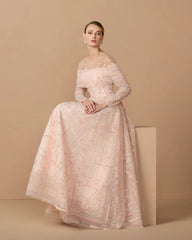 Pink Off The Shoulder Embellished Long Sleeve Ball Gown