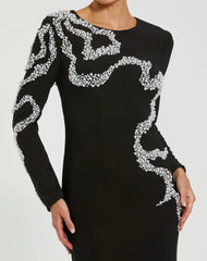 Black Jersey Evening Gown With Beaded Swirl Detail
