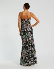Black Multicolor Embroidered Bustier Trumpet Gown