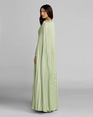 Light Green Pleated Charmeuse V Neck Gown With Cape