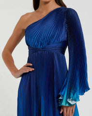 Blue Pleated Charmeuse One Shoulder Ombre Gown