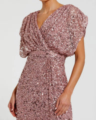 Purple Sequin Draped Sleeve V-Neck Gown