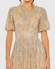 Beige High Neck Puff Sleeve Embellished A Line Gown