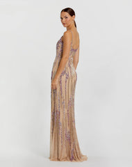 Beige Spaghetti Strap Beaded Column Gown