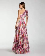 Multicolor One Shoulder Floral Printed Chiffon Side Cut Out Gown
