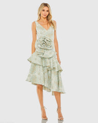Green Floral Brocade Asymmetrical Hem Dress with Rosette - FINAL SALE