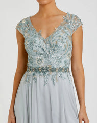Blue Embellished Chiffon Cap Sleeve A-Line Gown