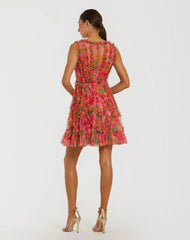 Orange Multicolor Micro Ruffle Floral A-Line Mini Dress