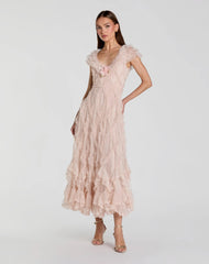 Pink Micro Ruffle Cap Sleeve A-Line Midi Dress