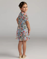 Girls Blue Floral Ruffle Puff Sleeve Dress