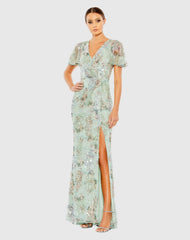 Green Flutter Sleeve Embellished Evening Gown
