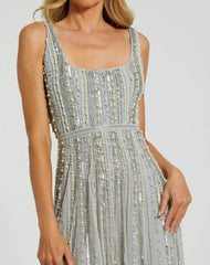 Green Scoop Neck A-Line Gown With Striped Beading