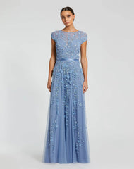 Petite Blue Floral Embellished Cap Sleeve Gown