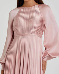 Petite Pink Pleated High Neck Raglan Long Sleeve Side Slit Gown