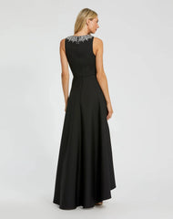 Petite Black Crepe Embellished Neck High Low Gown