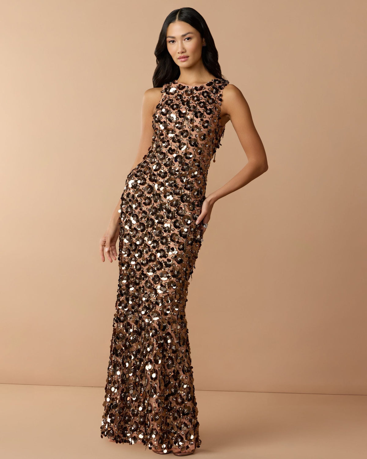 Brown Sequin Embellished Sleeveless Gown With Beaded Fringe
