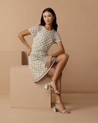 Ivory Pearl Embellished Short Sleeve Mini Dress
