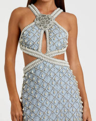 Blue Pearl Embellished Open Back Gown