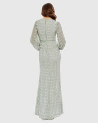 Green Beaded Bishop Sleeve Wrap Gown