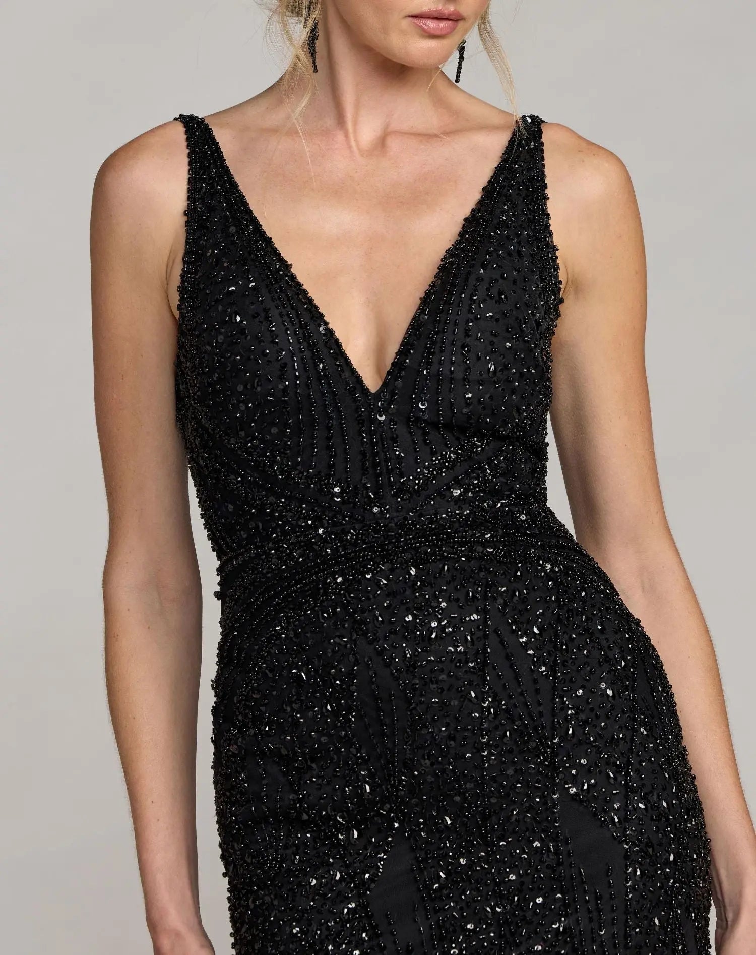 Black Embellished V-Neck Gown With Feather Hem