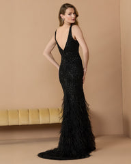Black Embellished V-Neck Gown With Feather Hem