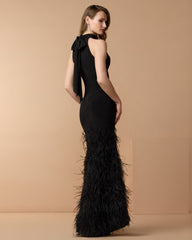 Black Halter Neck Jersey Gown With Feather Trim