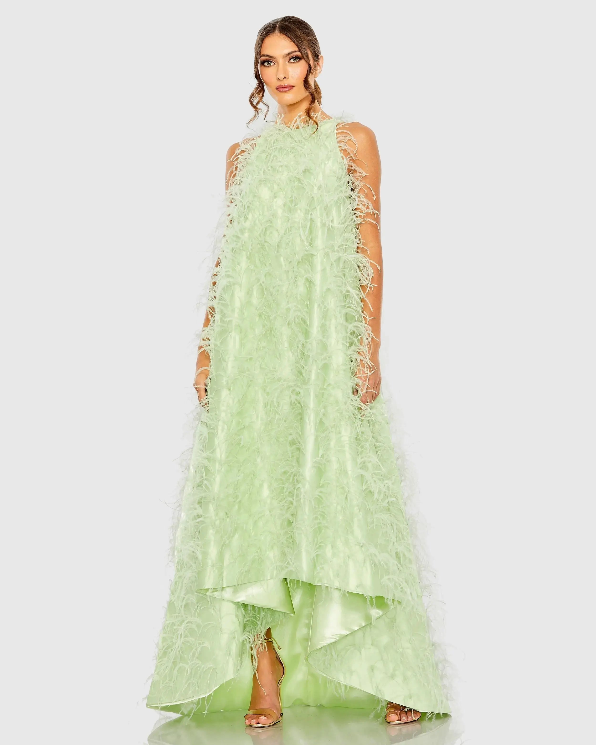 Green Sleeveless Feather Embellished High Low Gown