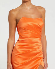 Orange  Strapless Satin Gown With Slit