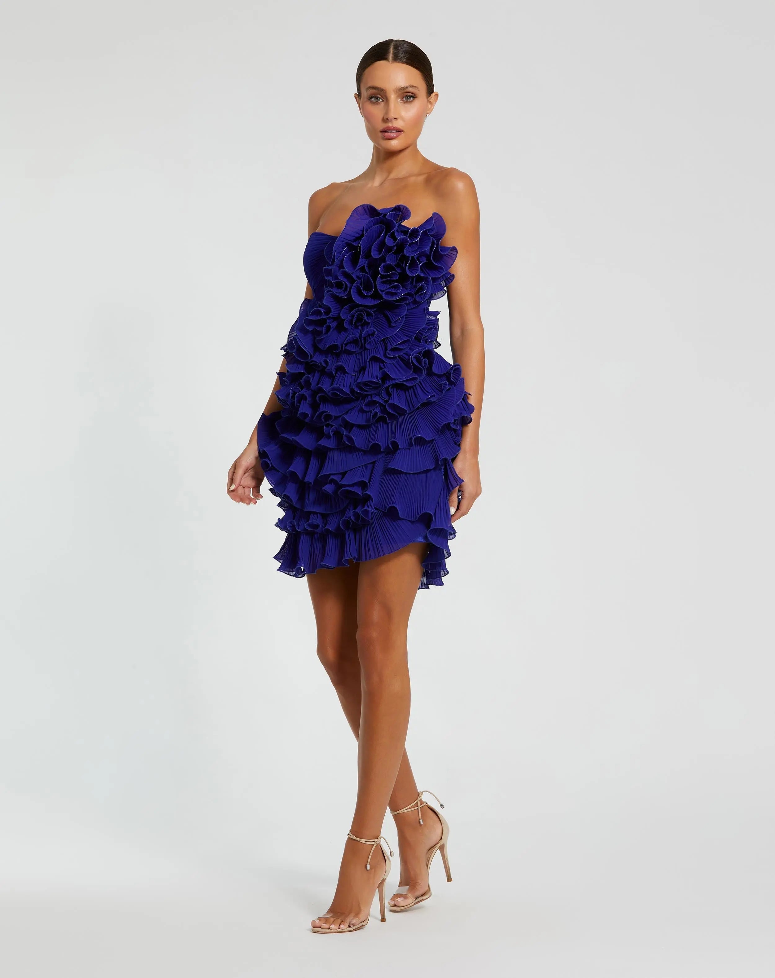 Blue Strapless Tiered Ruffle Mini Dress