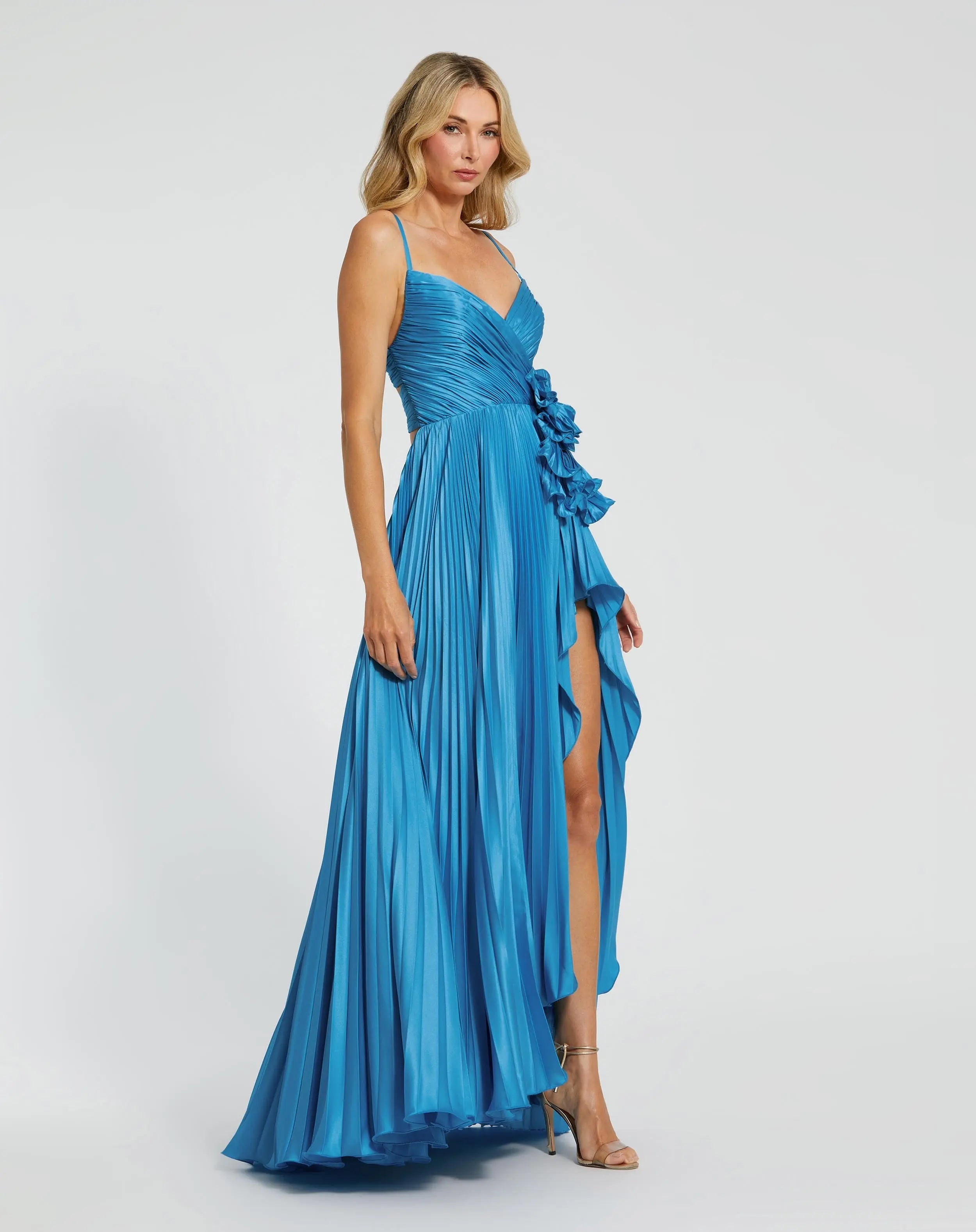 Blue Pleated High Low Gown With 3D Flower