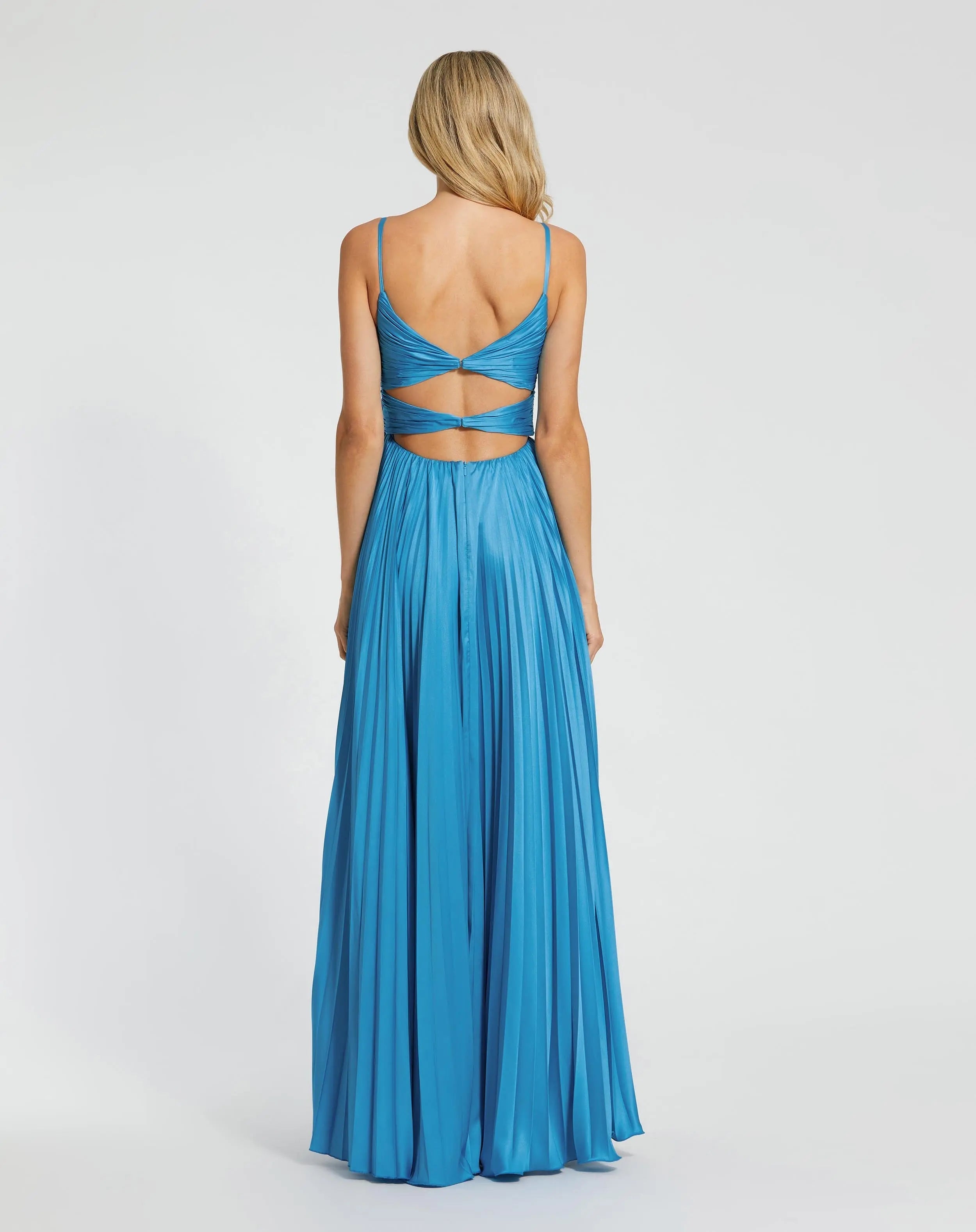Blue Pleated High Low Gown With 3D Flower
