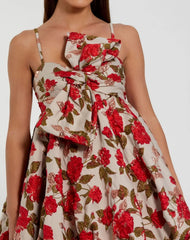 Multicolor Brocade Bubble Skirt Mini Dress with Bow
