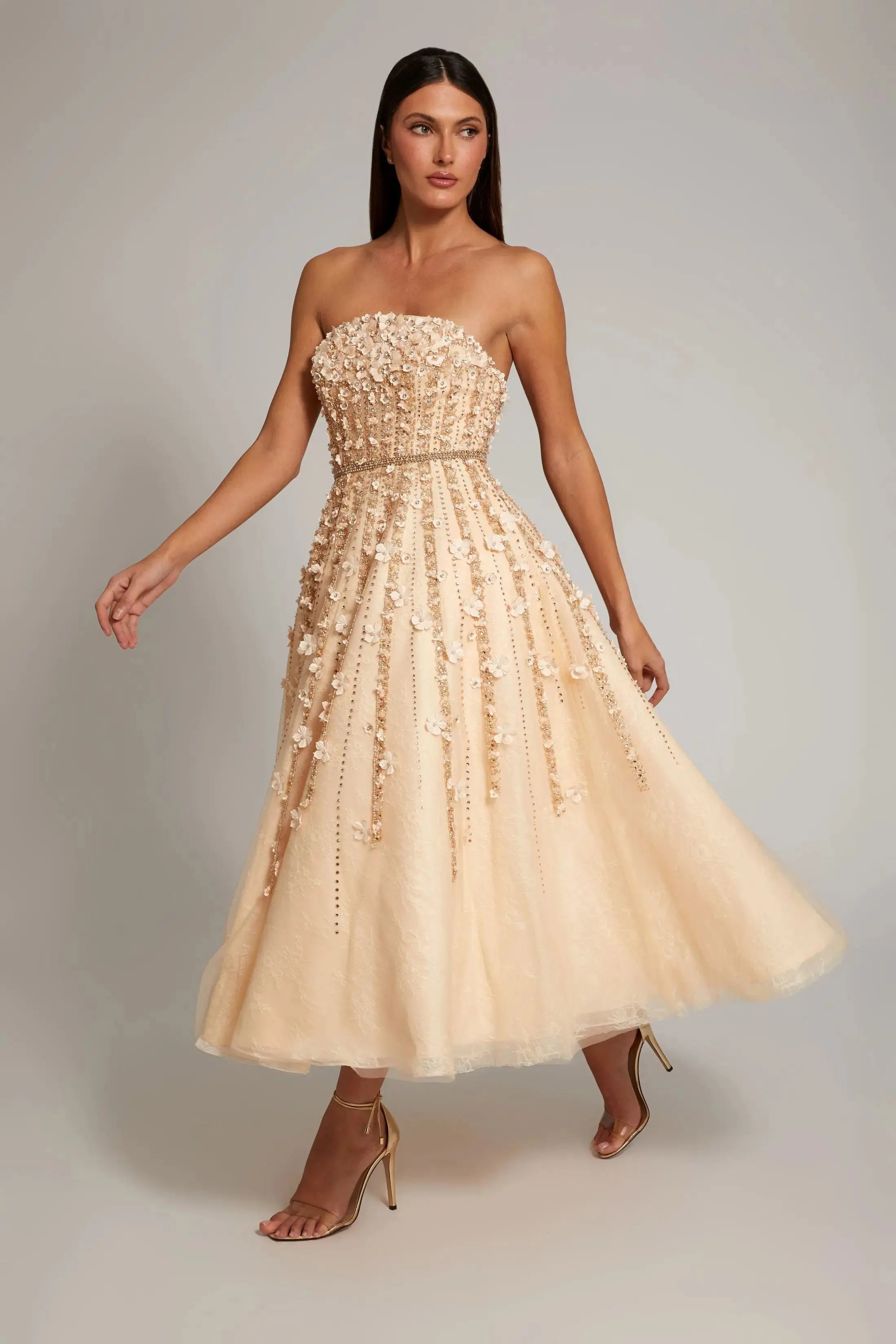 Beige Floral Embellished Strapless A-Line Midi Dress