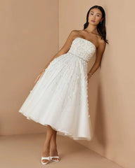 White Floral Embellished Strapless A-Line Midi Dress