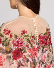 Multicolor Floral Printed Chiffon High Neck Cape Gown