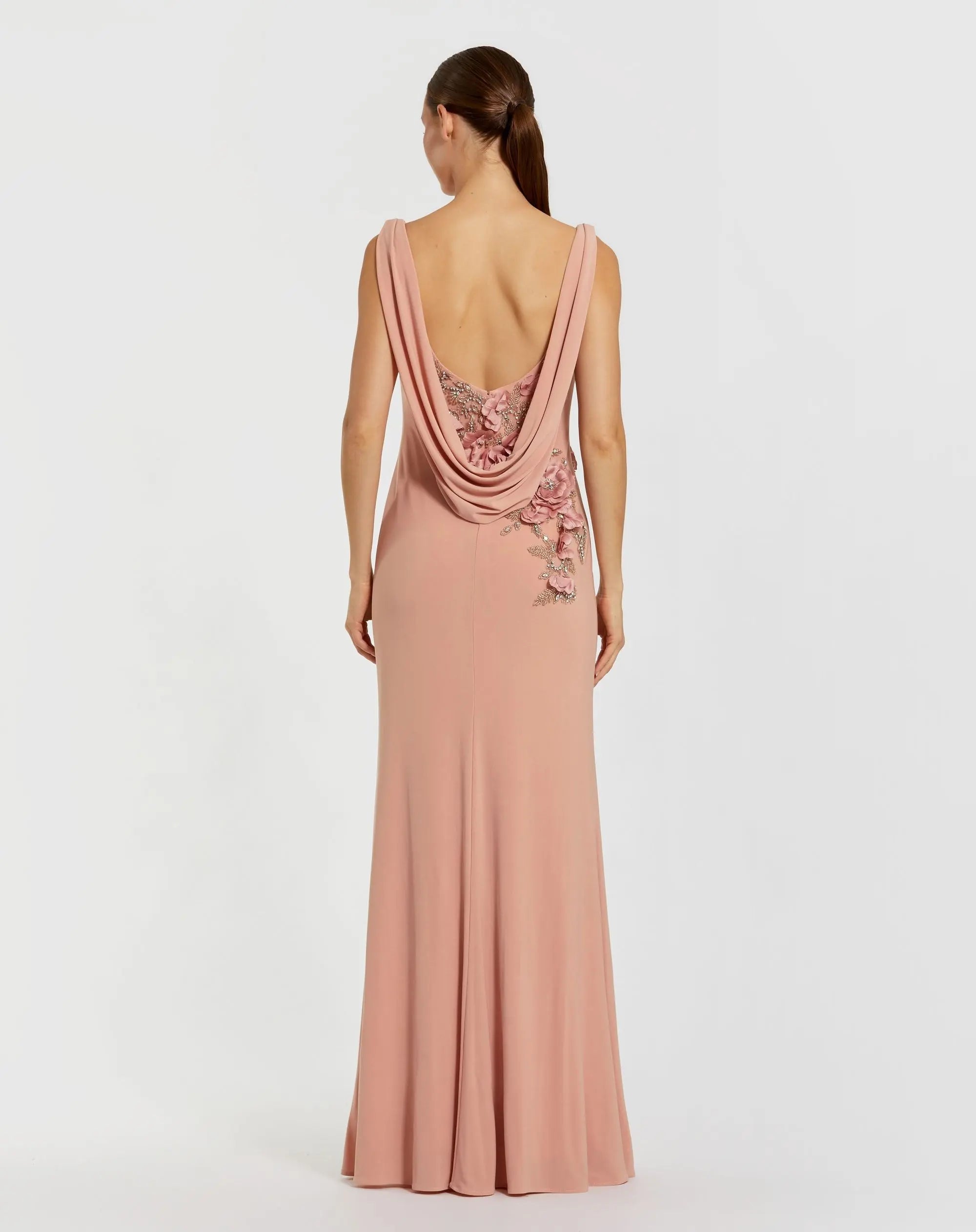 Pink Sleeveless Jersey Cowl Neck Gown With Beading